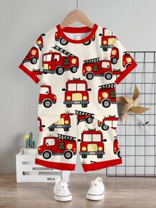 SHEIN Bomberos ROJO, Colección de elección para niños, Básico diario, Niños felices, Colores pastel para Niños, Bikercore, Viaje familiar, Días felices, Me encanta Papá, Encantador hogar, Chico genial, Minimalista Casual Shorts de cuello redondo Short de manga corta Set de 2 piezas, Adecuado para el verano - Multicolor - Ver 2
