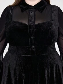 ROMWE Plus Size Gothic Vintage Velvet & Mesh Patchwork A-Line Bell Sleeve Dress - Black - View 6