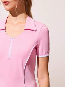 CourtClass Women's Light Pink Knitted Active Polo Top With Cap Sleeves And Quarter-Zip Closure, Perfect For Tennis, Golf, And Other Athletic Activities. - Pink - View 7