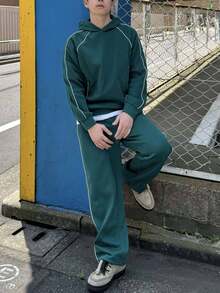 SHEIN 2pcs/Set Teen Boys' Casual Seam Decor Hoodie Sweatshirt And Sweatpants,Green Tracksuit For Autumn,Streetwear,Graduation,Back-To-School Fashionable - Green - View 4