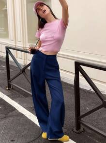 Chiquease Navy Wide Leg Pants, Minimalist Design, Fashion Versatile Fall Cloth For Women - Navy Blue - View 6