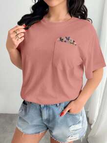 EURMUSE Plus Size 100% Cotton T-Shirt With Floral Embroidery, Crew Neck And Pocket Detail - Pink - View 1
