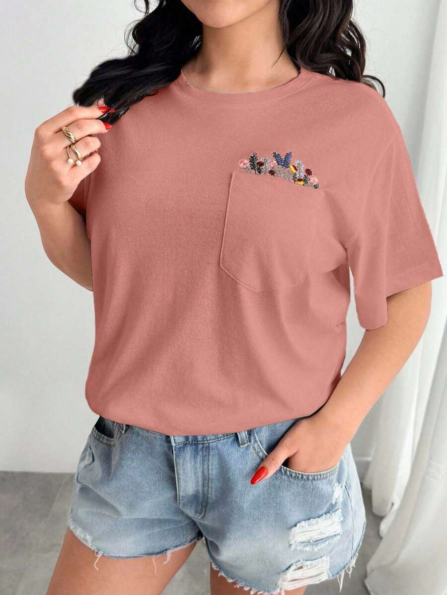 EURMUSE Plus Size 100% Cotton T-Shirt With Floral Embroidery, Crew Neck And Pocket Detail - Pink - View 1