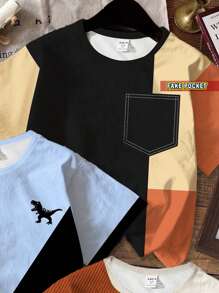 SHEIN Leap Crew 3pcs/Set Young Boys Casual Simple Color Block Pattern Comfortable Knit Short Sleeve T-Shirts, Suitable For Summer - Multicolor - View 4