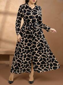 Chikora Plus Size Geometric Print Shirt Dress Casual Teacher Uniform Fall Dress