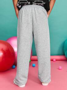 SHEIN Back To School Season Tween Boy Casual Minimalist Comfortable Mid-Waist Drawstring Letter Print Sweatpants Grey Sweatpants Tween - Grey - View 2