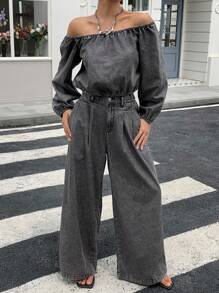 DAZY 2pcs Women's Off Shoulder Long Sleeve Cropped Denim Top And Loose Casual Pants Jeans Set, Casual Outfit - Grey - View 4