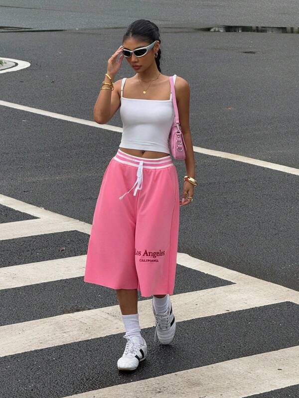 Muchica Women's Clothing Sports Casual Pink White Striped Ribbed Air Layer Comfortable Fabric Drawstring Waist Embroidery Sports Sweatpants Shorts Shorts