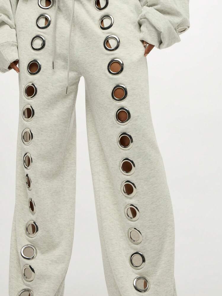SUMWON Pantalon de survêtement oversize à jambes larges avec détail d'œillet en métal. Molleton premium, vêtement de détente casual, mode de rue Top de gamme pour l'automne et l'hiver