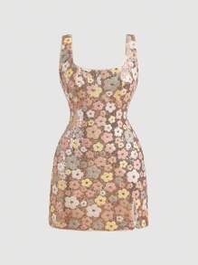 SHEIN MOD 大码粉色亮片刺绣浪漫派对迷你连衣裙，女士夏季、秋季连衣裙，亮片碎花连衣裙。碎花亮片连衣裙。，优雅派对连衣裙，女士生日连衣裙，派对，返校节连衣裙 - 彩色 - 查看 5