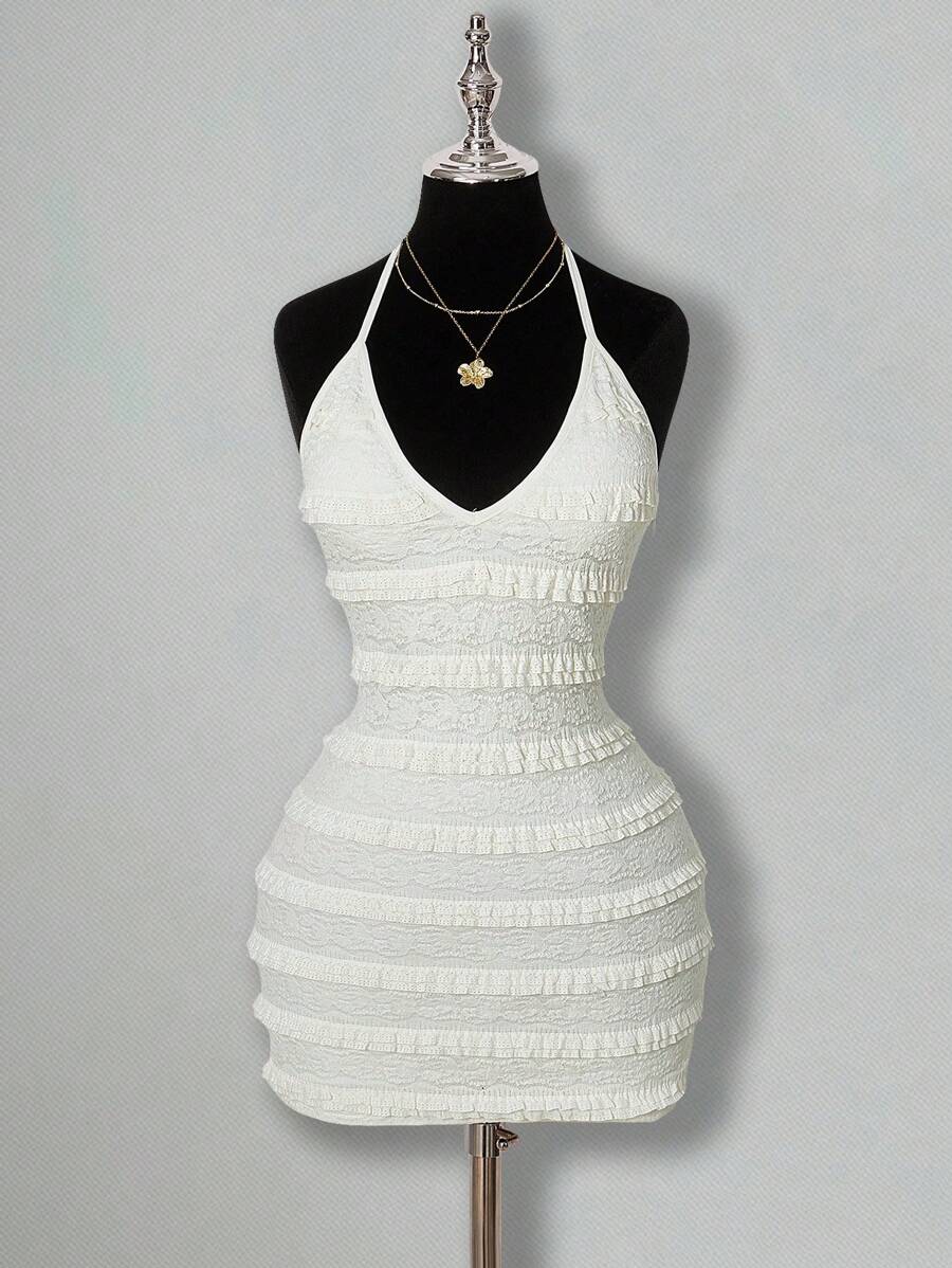 SHEIN ICON Váy yếm bó sát mini ren xếp tầng viền bèo nhún màu trắng dự tiệc mừng lễ hội của phụ nữ - trắng - Xem 1