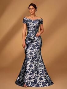 Serin Elegant Luxury Jacquard Off Shoulder Bowknot Slit Fishtail Dress, Suitable For Weddings, Events, Parties, Vacations, Prom, Mother Of The Bride Outfit - Navy Blue - View 2