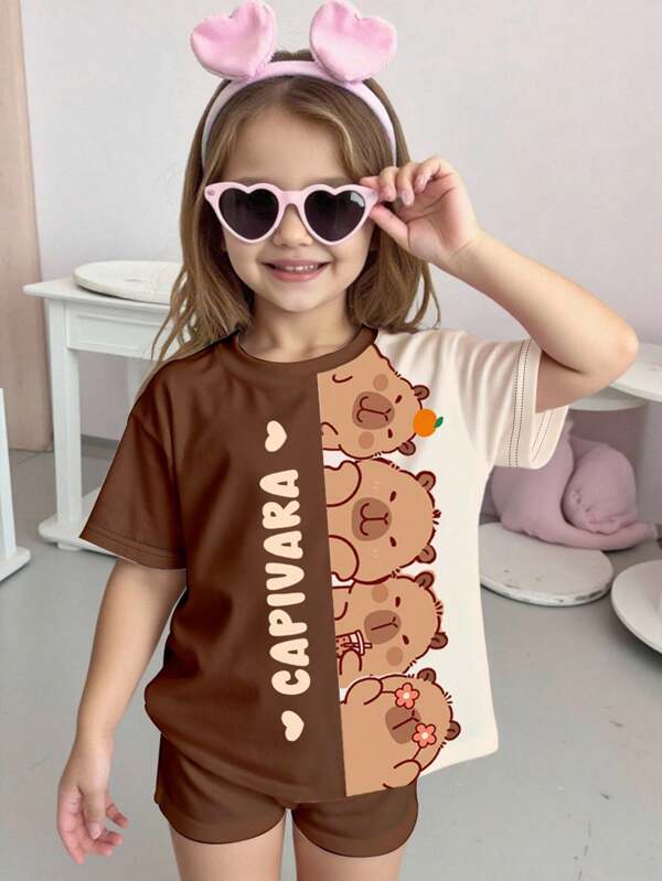 2pcs/Set Toddler Girls Casual Fashion Creative Cartoon Pattern Print Short Sleeve T-Shirt And Tight Bike Shorts Suit, Sibling Outfits Matching Outfits (2 Sets/Pieces Are Sold Separately)