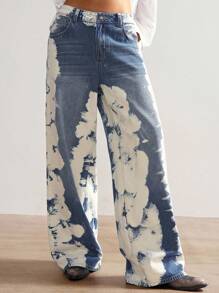 Bohemela 女式扎染图案口袋宽腿宽松休闲牛仔裤 - 藍色 - 查看 1