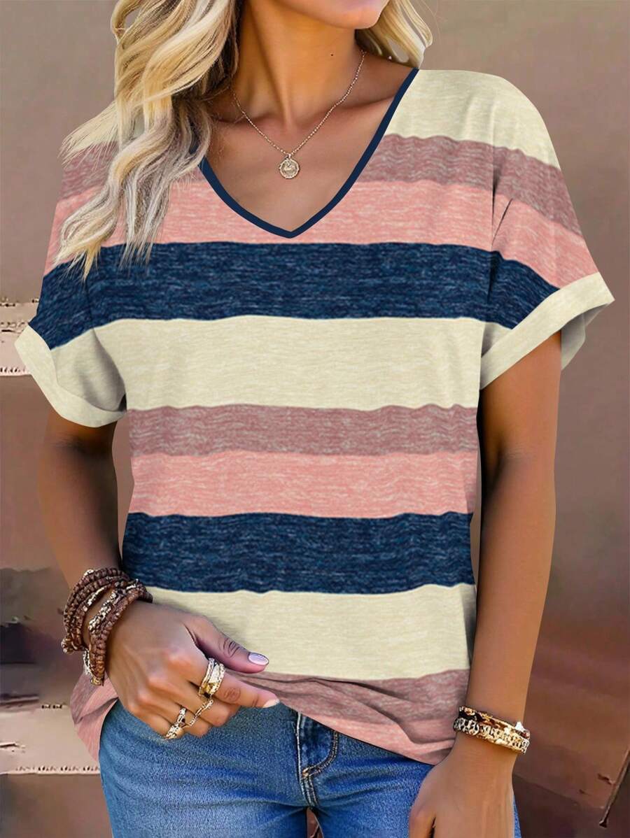 EMERY ROSE Áo thun nữ cổ chữ V tay ngắn họa tiết sọc cỡ lớn, bo gấu tay, dáng rộng thoải mái mùa hè - Nhiều màu - Xem 1