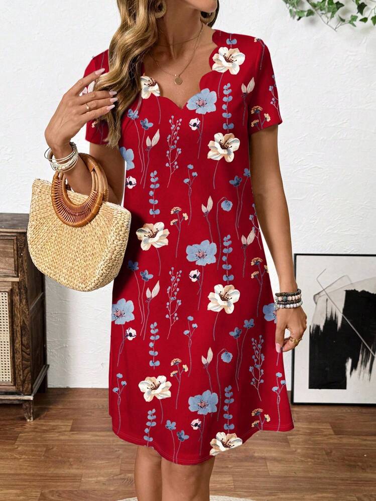 Breezaya Women's Summer Vacation Floral Print V-Neck Short Sleeve Dress - Red - View 7