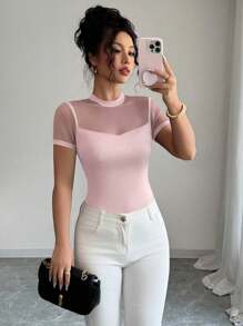 Elenzga Women's 2025 Summer Solid Color Versatile Mesh Patchwork Round Neck Short Sleeve T-Shirt