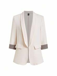 Ellevyn 优雅休闲纯色撞色领口和袖口夏季夹克，适合外出、工作、旅行和多种场合，秋冬秋冬女装商务休闲女教师服女士冬装 - 杏色 - 查看 6