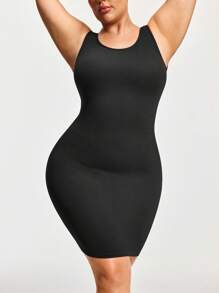SHAPORA 1pc Plus Size Seamless Comfortable Shaping Slip Dress - Black - View 4