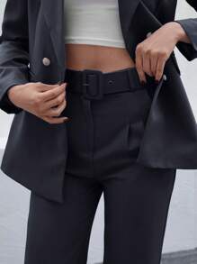 CLARA VERO 女士简约通勤工作服纯色翻领双排扣西装外套和裤子套装 - 黑色 - 查看 6