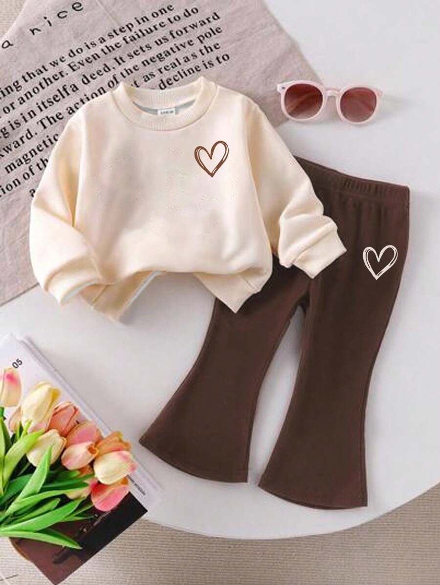 SHEIN Conjunto informal de jersey grueso de punto con estampado de corazones para niñas bebés, apropiado para otoño/invierno