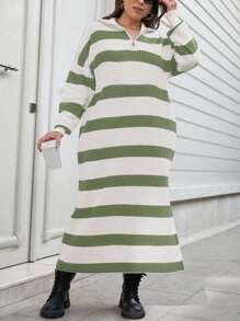 EURMUSE Plus Size Two-Tone Striped Pattern Drop Shoulder Loose Half Zip Up Oversized Sweater Dress - Mint Green - View 5