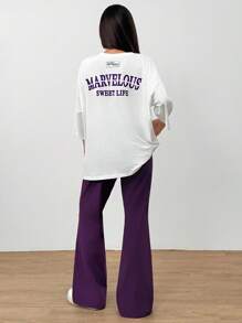 Mulvari 2pcs/Set Women Letter Print Round Neck Tee And Flared Pants, Casual Women's Summer Slogan Print Dropped Shoulder T-Shirt And Casual Pants 2pcs/Set, Casual Outfits Tracksuit 2 Pieces Lounge Set, Suitable For Walking/Sports/Back To School & Everyday Casual Wear Contains Cotton, Quick Sweat Absorption