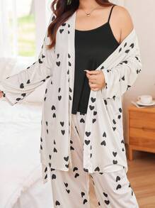 Dream Adore Plus Size Women 3pcs Pajama Set: Heart Print Knitted Cami Top, Pants And Robe, Fall & Winter Clothes, Cozy Outfit - Multicolor - View 6