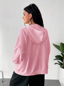 SHEIN EZwear 大码女式粉色百搭休闲连帽长袖卫衣，秋冬季 - 粉色 - 查看 2