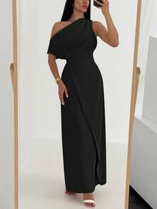Aloruh Women's Solid Color Ruched Asymmetric Hem Dress,Elegant Dresses For Women,Fall Wedding Guest Dress - Black - View 5