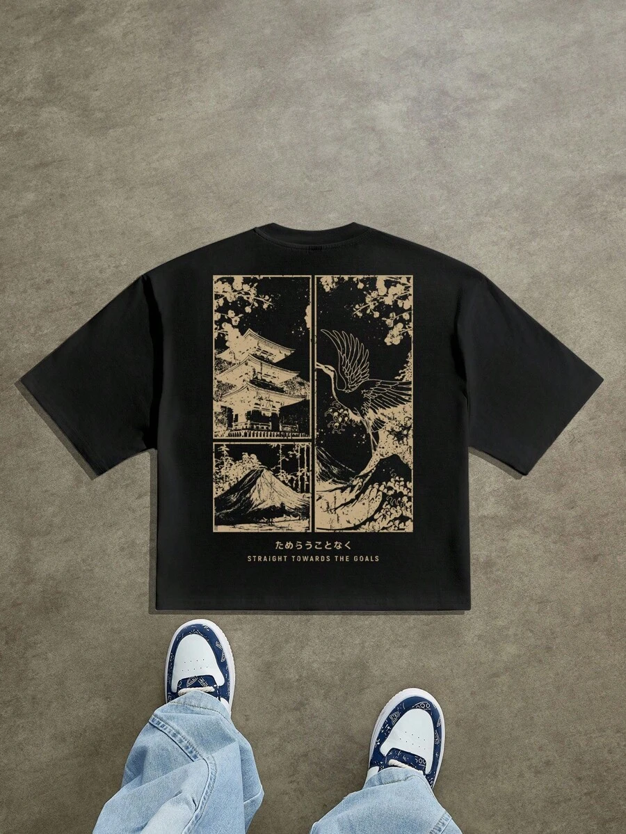 Manfinity Roghcode Men's Casual Japanese Print Cropped Loose T-Shirt, Summer, Emo