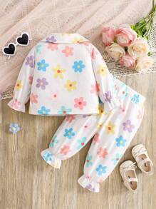 SHEIN 2pcs Baby Girl Casual Floral Print Collared Shirt And Matching Pants Set, Suitable For Spring/Autumn Daily Wear And Outings - Multicolor - View 2