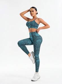 SHEIN Sports 2 件套无袖蛇皮印花修身运动服，高腰提拉健身女套装 - 藍色 - 查看 5
