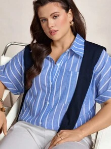 SHEIN LUNE 大码休闲条纹短袖衬衫，适合夏季秋季学校乡村音乐会复古斯德哥尔摩风格教师办公室 90 年代 2000 风格秋季返校旧款工作/办公室商务休闲女士