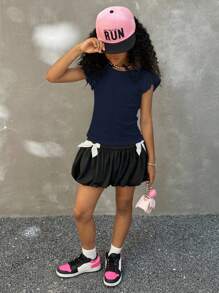 Coolane Tween Girls Four Seasons Streetwear Vacation Ruffle Trim Solid White Tee - Navy Blue - View 3