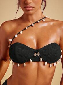 Hauture 性感波西米亚风度假风不对称钩针短款文胸上衣，带贝壳边 - 黑色 - 查看 5