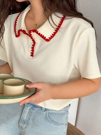 Dazy Plus Contrast Color Collar Polo Neck Loose Casual Short Sleeve T-Shirt For Girls