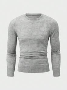 EURMUSE Men Rib Knit Geometrical Pattern Crew Neck Regular Sweater - Grey - View 1