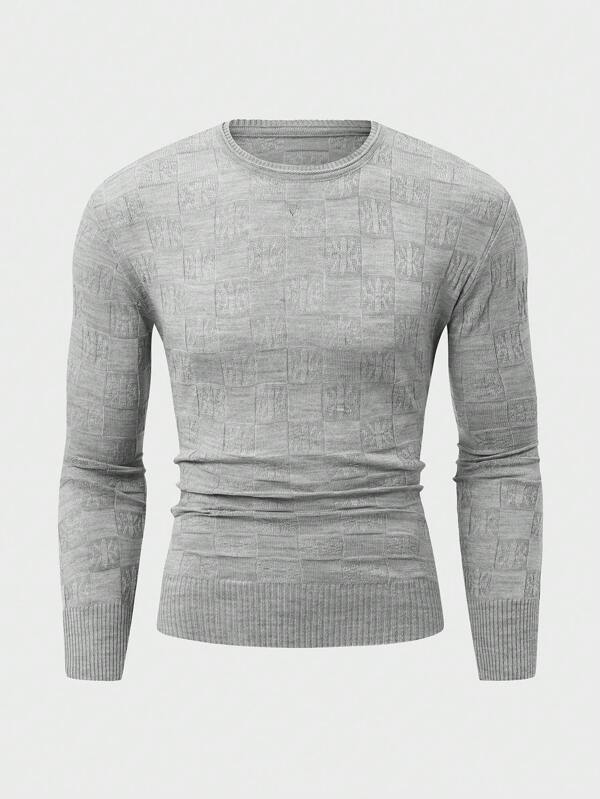 EURMUSE Men Rib Knit Geometrical Pattern Crew Neck Regular Sweater