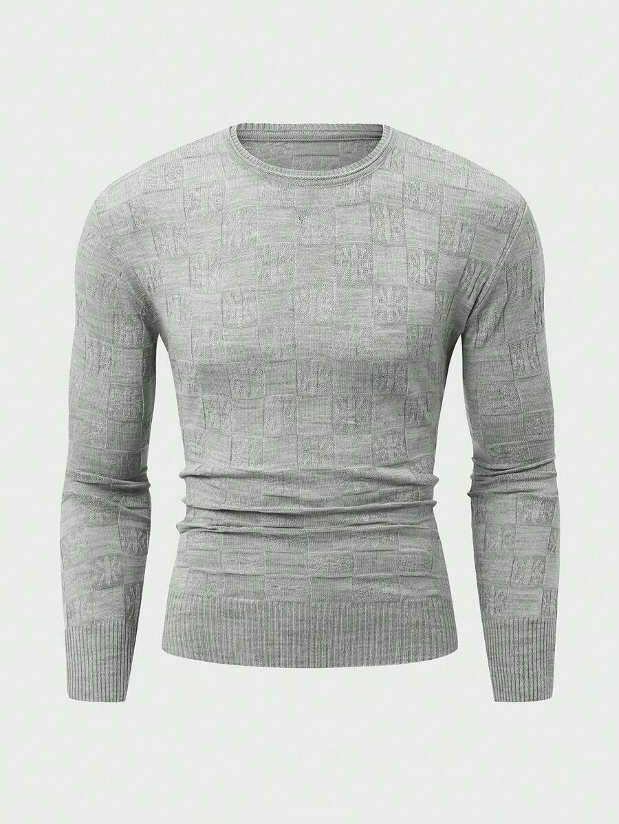 EURMUSE Men Rib Knit Geometrical Pattern Crew Neck Regular Sweater - Grey - View 1