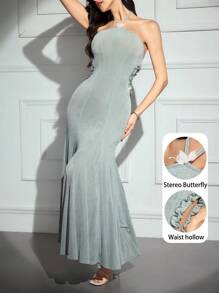 Modelyn Women's Elegant Solid Color Backless Halter Long Dress, Summer