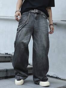 Manfinity EMRG Męskie jeansy retro z haftem w kolorze czarnym, luźne, z szerokimi nogawkami