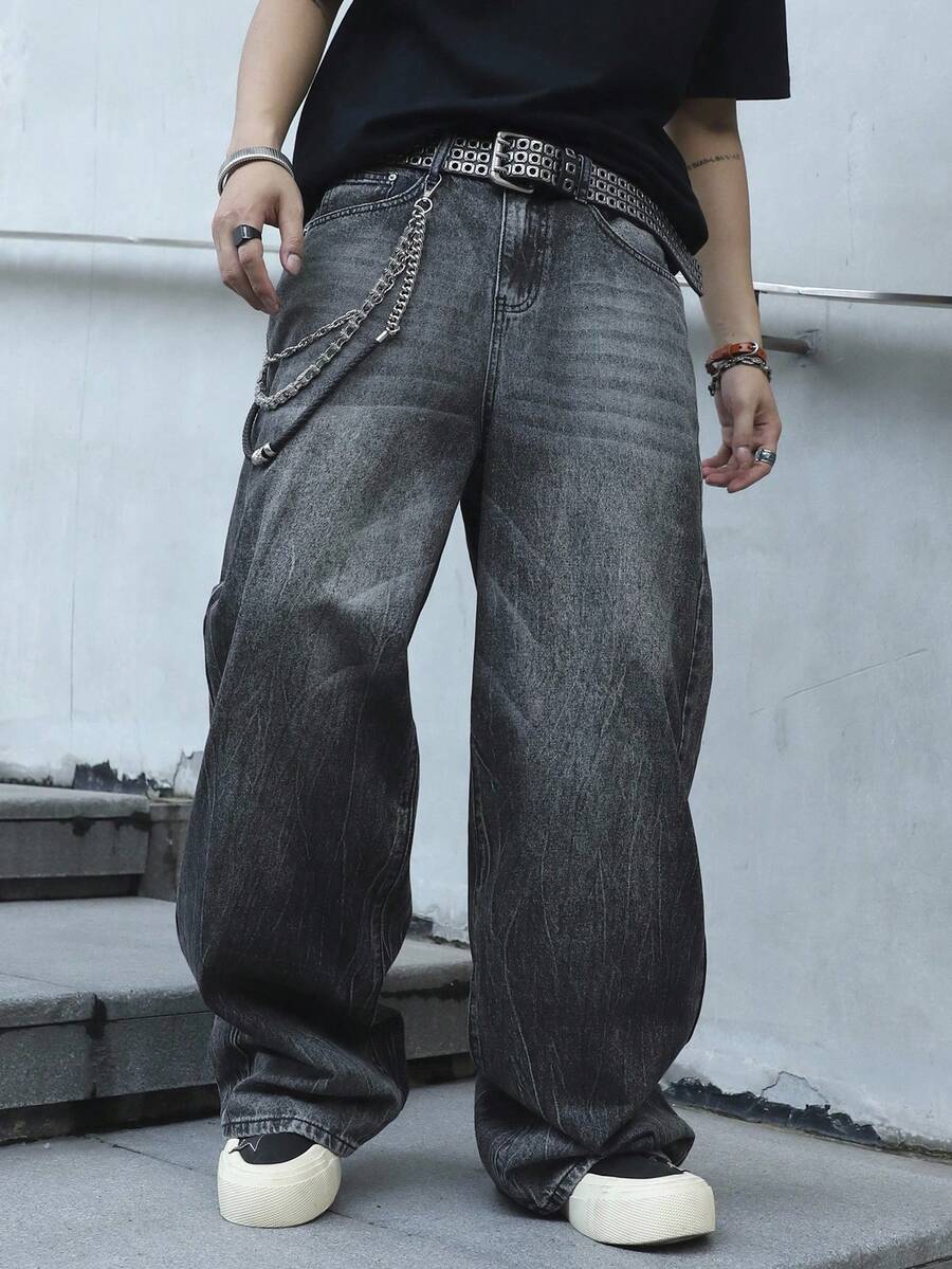 Manfinity EMRG Męskie jeansy retro z haftem w kolorze czarnym, luźne, z szerokimi nogawkami