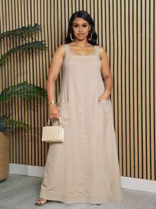 Slaydiva 2025 新款春夏女装大码秋季/返校/开学服装/Y2K/工作/办公室/户外服装/机场服装/毕业约会/优雅度假/街头风格女士度假服装宽松卡其色吊带带口袋，大码廓形A摆长裙 - 卡其色 - 查看 5