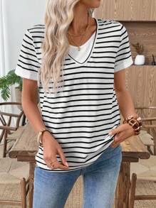 EMERY ROSE Conjunto Casual Feminino Multicolorido de Duas Peças, Camiseta Listrada de Manga Curta 2 em 1, Roupas Femininas de Outono, Roupas de Outono e Inverno para Mulheres, Volta às Aulas, Casual Empresarial, Básico, Saída, Camiseta de Professor - Multicolorido - Visão 5