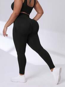 Gameset SHEIN Sport Plusstorlekar med bred midja och sportleggings för yoga för kvinnor - Svart - Visa 4