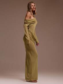 MUSERA 褶皱不对称肩部长袖垂褶长款连衣裙，适合度假、性感、海滩、浪漫、优雅场合，如生日、波西米亚风、拉菲草编发、圣诞节、秋冬季、婚礼宾客等。