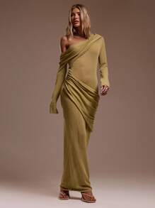 MUSERA 褶皱不对称肩部长袖垂褶长款连衣裙，适合度假、性感、海滩、浪漫、优雅场合，如生日、波西米亚风、拉菲草编发、圣诞节、秋冬季、婚礼宾客等。