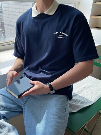 DAZY Camisa Polo para Homens de Volta à Escola com Gráfico de Letras e Gola Contrastante