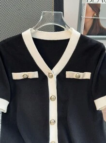 INAWLY Women's Casual Contrast Binding Short Sleeve Single-Breasted Lightweight Cardigan